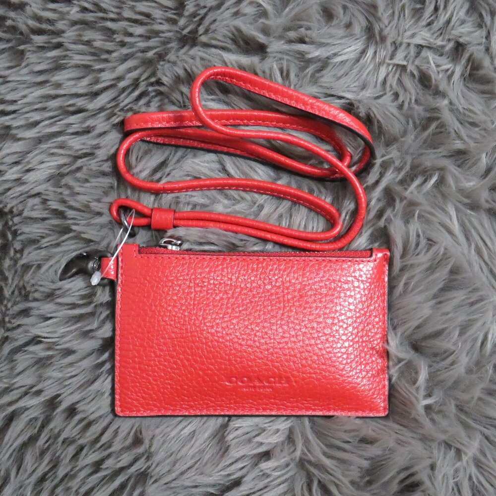 Coach Leather Zip Lanyard Card Case (Bold Red)